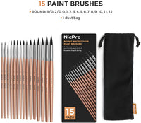 Nicpro Juego de 15 pinceles redondos para acuarela, pinceles profesionales para pintura de acuarela, aceite acrílico, detalles, gouache, tinta, pincel de arte, oro rosa, ideal para regalo de mujer - Arteztik
