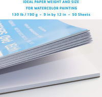 Bellofy 50 hojas de papel de acuarela – 130 IB / 190 GSM Peso – 9 x 12 en tamaño – papel de prensa en frío – Bloc de notas de pintura al agua - Arteztik
