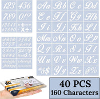 Plantillas de letras para pintar sobre madera - Plantillas de alfabeto con letra de caligrafía superior y letras minúsculas - Plantillas de plástico reutilizables con números y letreros - Juego de 40 piezas - 160 diseños - Arteztik
