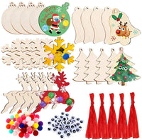 Adornos de Navidad de madera sin terminar, 25 piezas DIY manualidades de Navidad para niños, kit de recortes de madera natural con gemelos Pom-Poms ojos gústicos, rebanada de madera predillada para decoraciones colgantes del árbol de Navidad - Arteztik
