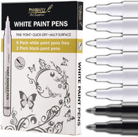 Rotuladores de pintura blanca, 8 unidades de 0.028 in, acrílico permanente, 6 rotuladores blancos con 2 rotuladores de pintura negra para madera, roca, plástico, piel, cristal, piedra, metal, lienzo, marcador de cerámica, punta extra fina, tinta opaca - Arteztik
