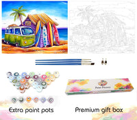 Pintura de pizzazz por números para adultos – Hermoso juego de caja de edición especial, certificado por artista, lienzo enrollado sin arrugas, 16 x 20 pulgadas – Greenie (Surf Shack on Beach) - Arteztik
