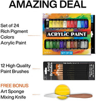 Juego completo de pintura acrílica – 24 х colores ricos – 12 pinceles de arte con cuchillo de pintura y esponja – para pintar lienzo, arcilla, cerámica y manualidades, no tóxico y de secado rápido – para niños y adultos - Arteztik
