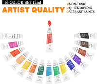 Juego de pintura acrílica, Shuttle Art 16 x 12 ml, tubos de calidad artística, no tóxico, colores ricos, ideal para niños y adultos, pintura profesional en lienzo, madera, arcilla, tela, cerámica, manualidades - Arteztik
