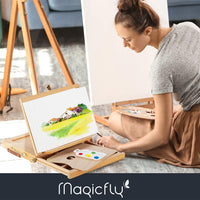 Magicfly Caballete de mesa de madera para pintar, caballete de escritorio ajustable con cajón de almacenamiento, 5 lienzos y 1 paleta de pintura, madera de haya, caballete de artista portátil, caballete de madera para dibujar - Arteztik
