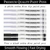 Rotuladores de pintura blanca, 8 unidades de 0.028 in, acrílico permanente, 6 rotuladores blancos con 2 rotuladores de pintura negra para madera, roca, plástico, piel, cristal, piedra, metal, lienzo, marcador de cerámica, punta extra fina, tinta opaca - Arteztik
