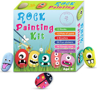 Kit de actividades al aire libre para niñas y niños a partir de 3 años con 12 rocas suaves, 12 pinturas acrílicas impermeables, 16 ojos Googly, 2 pinceles, 50 pegatinas de transferencia. Gran juego de manualidades y idea de regalo. - Arteztik
