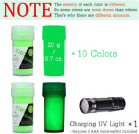 Polvo de pigmento que brilla en la oscuridad con lámpara UV – Resina epoxi en polvo luminoso para kit de slime, seguro para la piel, tinte de larga duración autobrillante para bricolaje, arte de uñas, pintura acrílica, arte fino, 0.7 oz cada uno (total 7 - Arteztik
