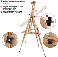T-SIGN - Caballete para pintura de madera, trípode portátil, caballete de madera de haya, diseño plegable, altura ajustable de 36.5 a 75.5 pulgadas, bandeja grande ajustable para pintura, bocetos, exhibición - Arteztik
