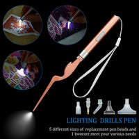 Pluma de perforación de punto de pintura de diamante con luz 5D herramienta de pintura de diamante con cable USB, 20 piezas de arcilla de pegamento de pintura y 6 piezas diferentes tipos de cabezales de repuesto, pinzas para manualidades - Arteztik
