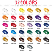Juego de pintura acrílica (32 colores, tubos de 0.7 fl oz, 0,74 oz.) Para lienzo, manualidades, pintura de madera, pigmento rico, no se decolora, pinturas vibrantes no tóxicas para niños, adultos, principiantes y artistas profesionales. - Arteztik
