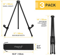 Magicfly - Caballete instantáneo de mesa de acero negro de 14 pulgadas para exhibición, soporta 5 libras, soporte de trípode ajustable y portátil con 3 bolsas de almacenamiento, para pinturas, carteles, imágenes - Arteztik
