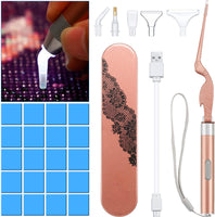 Pluma de perforación de punto de pintura de diamante con luz 5D herramienta de pintura de diamante con cable USB, 20 piezas de arcilla de pegamento de pintura y 6 piezas diferentes tipos de cabezales de repuesto, pinzas para manualidades - Arteztik
