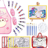 Kaorary - Juego de pintura infantil para niñas, incluye 1 bolsa de almacenamiento, 12 pinturas lavables, 1 caballete de pintura libre de arañazos, 6 lienzos, 6 pinceles de pintura, 1 paleta y 1 delantal impermeable - Arteztik
