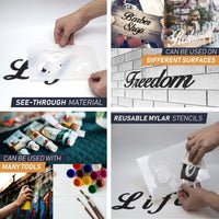 Plantillas de letras para pintar sobre madera - Plantillas de alfabeto con letra de caligrafía superior y letras minúsculas - Plantillas de plástico reutilizables con números y letreros - Juego de 40 piezas - 160 diseños - Arteztik

