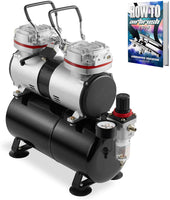 PointZero Compresor de aerógrafo de doble pistón 1/3 HP con tanque de aire, regulador, medidor y trampa de agua – silenciosa bomba profesional - Arteztik
