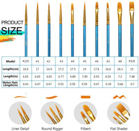 Aolora Juego de pinceles de pintura acrílica: 20 pinceles de punta redonda profesional de nailon plano para lienzo, roca, modelo, pintura en miniatura, acuarela de aceite, cara corporal, artista, principiante, suministros para niños - Arteztik
