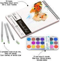 Kassa Juego de acuarelas – Kit de pintura para niños y adultos – El paquete incluye bolígrafo de agua (3 tamaños surtidos), papel de color de agua (30 hojas) y juego de pintura de acuarela (21 colores) - Arteztik
