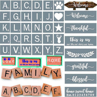 Scrabble Letters Stencil 4 pulgadas, plantilla de bienvenida para pintar en madera, letrero de porche reutilizable y puerta frontal vertical viene con plantilla de pata de perro y corazón de amor - Arteztik
