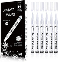 Rotuladores de pintura de color blanco, 6 unidades, 0.028 in, acrílico, blanco, rotuladores permanentes, para pintura de roca, piedra, cerámica, vidrio, madera, plástico, cristal, metal, lienzo, base de agua, punta extra fina - Arteztik

