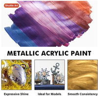 Juego de pintura acrílica metálica, Shuttle Art 20 colores pintura metálica en botellas (2.0 fl oz, 2 oz) con 3 pinceles y 1 paleta, ricos pigmentos, no tóxico para artistas, principiantes en rocas manualidades lienzo tela de madera - Arteztik
