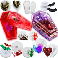 InSnu- Moldes de resina epoxi de silicona de ataúd, molde de caja de ataúd, mano esqueleto, murciélago, araña, cabeza de murciélago, corazón para decoración del hogar, decoración de joyas, fundición, resina, manualidades, llavero de almacenamiento - Arteztik
