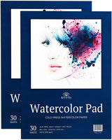 60 hojas de papel de acuarela de 9 x 12 (140lb/300gsm) diseño plegable de prensa fría acuarela Pad – 2 unidades - Arteztik
