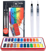 Artibox Juego de pintura para principiantes en acuarela, 24 colores vibrantes surtidos en caja de metal, juego de acuarela profesional con 2 pinceles, 1 pincel de pintura para detalles, ideal para principiantes y estudiantes - Arteztik
