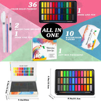 Emooqi - Juego de pintura de acuarela con 36 colores de pigmento, 2 bolígrafos de línea de gancho, 2 pinceles de agua, almohadilla de papel de acuarela, para artistas, pintura, profesionales, principiantes - Arteztik
