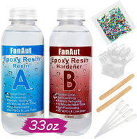 FanAut Kit de resina epoxi y endurecedor de 33 onzas para joyería, arte, manualidades, 2 piezas de resina epoxi transparente con 4 cuentagotas, 2 palos, 2 pares de guantes y 1 paquete de purpurina de resina - Arteztik
