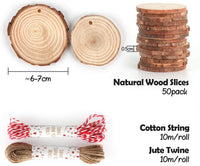 50 rebanadas de madera sin terminar redondas de madera natural de 2.4 in a 2.8 in con agujero preperforado y cuerda de 5.9 ft para manualidades de Navidad, decoración de fiestas y bodas - Arteztik
