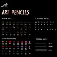Juego de 72 lápices de arte con 15 bocetos, 24 colores al óleo, 24 acuarelas y 9 lápices de carbón. Para principiantes, adultos y profesionales. - Arteztik
