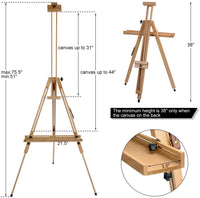 T-SIGN - Caballete para pintura de madera, trípode portátil, caballete de madera de haya, diseño plegable, altura ajustable de 36.5 a 75.5 pulgadas, bandeja grande ajustable para pintura, bocetos, exhibición - Arteztik
