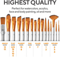 Benicci Paint Brush Set of 16 – 15 Different Shapes + 1 Flat Brush – with Pallete Knife and Sponge – Nylon Hair and Ergonomic Non Slip Matte Silver Handles - with Standable Organizing Case - Arteztik
