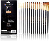 Color Technik - Juego de 15 pinceles de pintura de calidad artística para pintura acrílica, acuarela, gouache, aceite, pintura facial, etc. Hecho a mano, pelo de taklon, redondo, plano, de filbert, ángulo y rigger. - Arteztik
