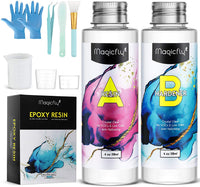 Kit de resina epoxi Magicfly, 8 onzas, resina de fundición transparente para hacer joyas, manualidades, arte, madera, 2 partes de resina y más duro con tazas de medición, varilla de mezcla, guantes 30 piezas herramientas para principiantes - Arteztik
