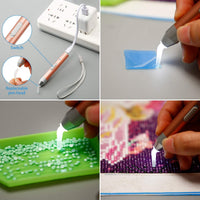 Pluma de perforación de punto de pintura de diamante con luz 5D herramienta de pintura de diamante con cable USB, 20 piezas de arcilla de pegamento de pintura y 6 piezas diferentes tipos de cabezales de repuesto, pinzas para manualidades - Arteztik
