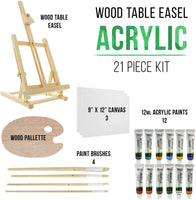 US Art Supply 21 piezas Studio caballete de mesa de madera y pintura Box Set con paneles de 12 colores de pintura, lona, pinceles, paleta de madera (Pintura Acrílica Kit) - Arteztik
