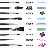 ARTIFY - Juego de 12 pinceles de acuarela de nailon, para pintura al óleo, pintura acrílica, para niños y adultos, principiantes y artistas, forma de lengua de gato plana redonda de higo, color negro - Arteztik
