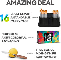 Benicci Paint Brush Set of 16 – 15 Different Shapes + 1 Flat Brush – with Pallete Knife and Sponge – Nylon Hair and Ergonomic Non Slip Matte Silver Handles - with Standable Organizing Case - Arteztik
