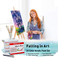 Falling In Art - Juego de pinturas acrílicas para artistas (34 piezas, con tubos de acrílico de 24 colores, 6 pinceles, paneles de lienzo de 9.0 x 12.0 pulgadas, 10 paletas portátiles y cuchillo de plástico para mezclas). - Arteztik

