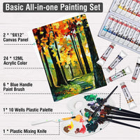 Falling In Art - Juego de pinturas acrílicas para artistas (34 piezas, con tubos de acrílico de 24 colores, 6 pinceles, paneles de lienzo de 9.0 x 12.0 pulgadas, 10 paletas portátiles y cuchillo de plástico para mezclas). - Arteztik
