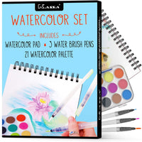 Kassa Juego de acuarelas – Kit de pintura para niños y adultos – El paquete incluye bolígrafo de agua (3 tamaños surtidos), papel de color de agua (30 hojas) y juego de pintura de acuarela (21 colores) - Arteztik
