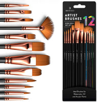 Juego de 12 pinceles de pintura profesional para artistas, kit de pinceles de pintura para niños, adultos fabulosos para lienzo, acuarela y tela, para principiantes y profesionales, ideal para acuarela, pintura al óleo o acrílica - Arteztik
