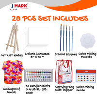 Kit de pintura acrílica de 28 piezas con bolsa de almacenamiento, 12 pinturas lavables no tóxicas, 1 caballete de madera sin arañazos, 6 lienzos en blanco de 8 x 10 pulgadas, 5 cepillos, 10 paletas de pozos - Arteztik

