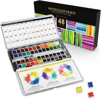 El juego de 48 medias sartenes de acuarela prémium en paleta de metal con pinturas de acuarela fiel a color, cepillo de agua recargable, guía técnica y una hoja de swatch para artistas en movimiento. - Arteztik
