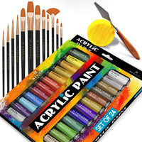 Juego completo de pintura acrílica – 24 х colores ricos – 12 pinceles de arte con cuchillo de pintura y esponja – para pintar lienzo, arcilla, cerámica y manualidades, no tóxico y de secado rápido – para niños y adultos - Arteztik
