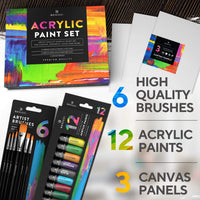 Juego de pintura acrílica para niños, artistas y adultos, 12 colores vibrantes, 6 pinceles y 3 lienzos de pintura, perfecto para principiantes o profesionales. - Arteztik
