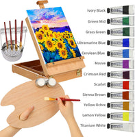 MEEDEN Juego de 46 piezas de pintura al óleo profesional con caja de caballete de mesa de madera, juego de pinceles con limpiador de pinceles de acero inoxidable, taza de paleta, paneles de lona y otros suministros de pintura
