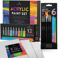 Juego de pintura acrílica para niños, artistas y adultos, 12 colores vibrantes, 6 pinceles y 3 lienzos de pintura, perfecto para principiantes o profesionales. - Arteztik
